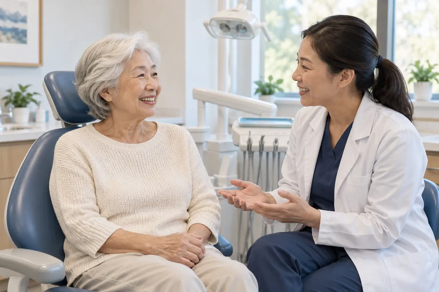 An older woman discussing her dental care with a clinician at eye level