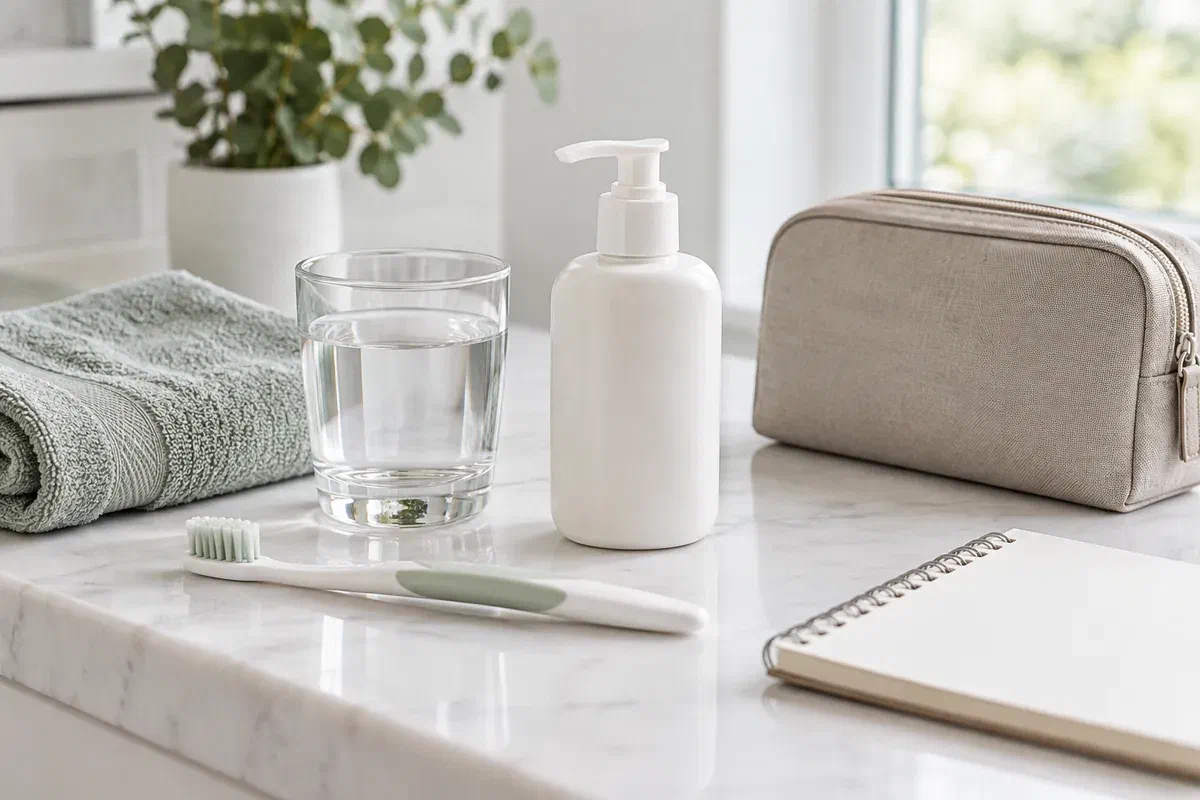 Water, toothbrush, plain oral moisturizing bottle, and notebook on a light counter