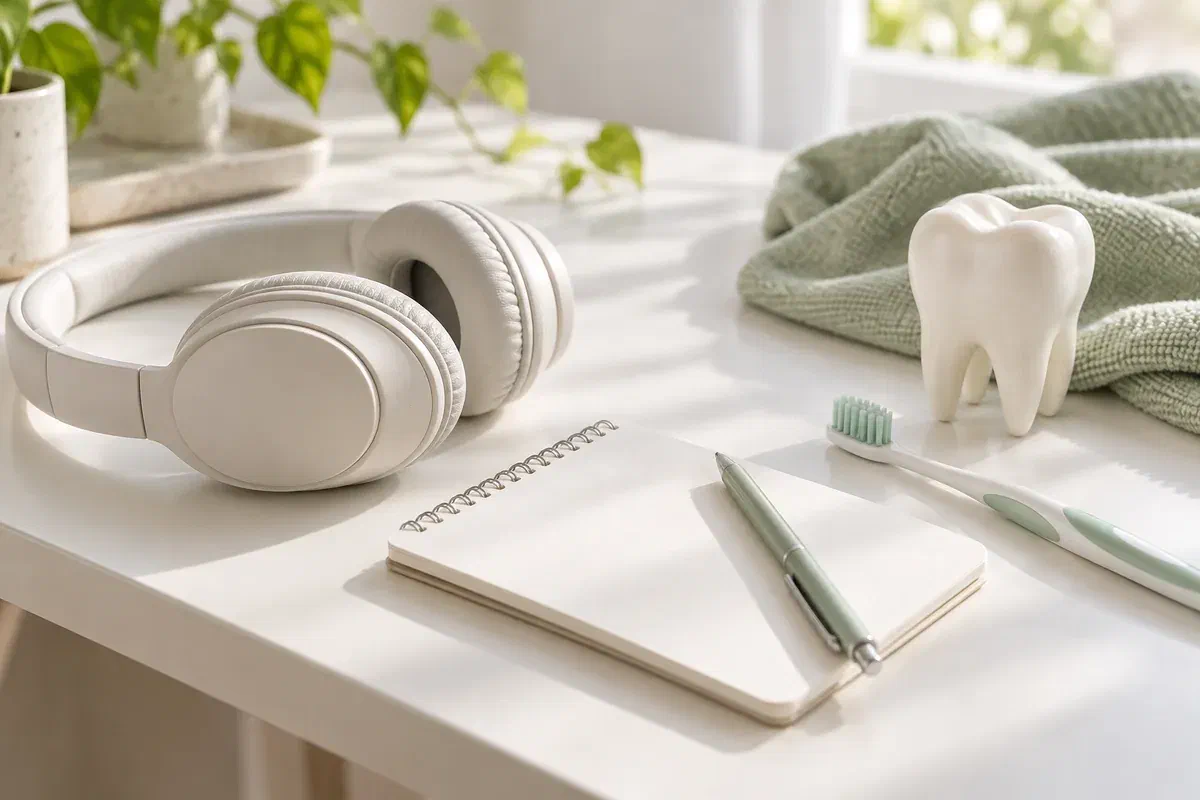 Headphones, notebook, toothbrush, and tooth model illustrating preparation for an individual dental visit