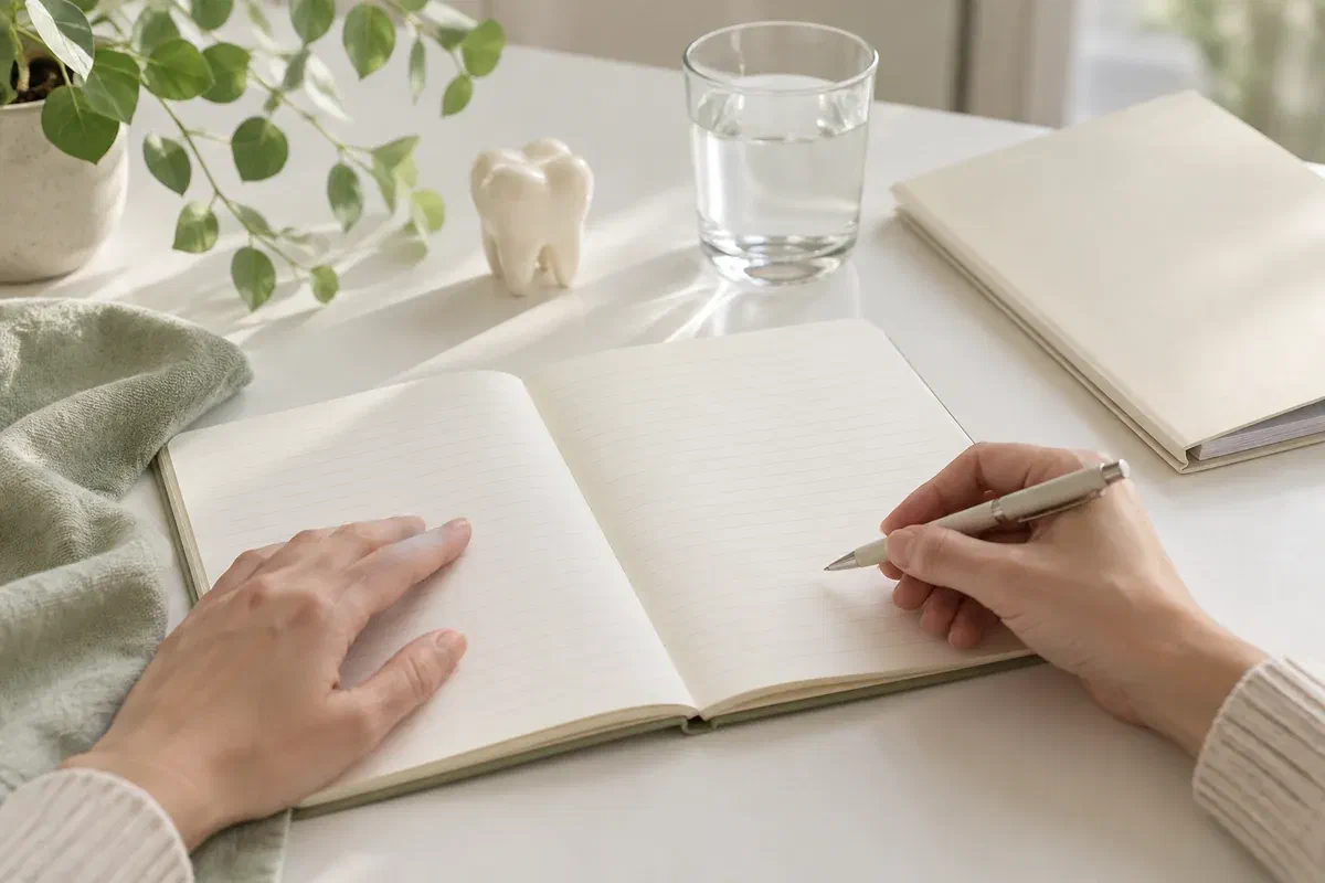 Blank notebook, folder, pen, and tooth model illustrating dental care planning