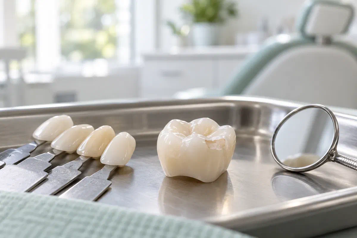 Ceramic crown with a small chipped area beside a shade guide