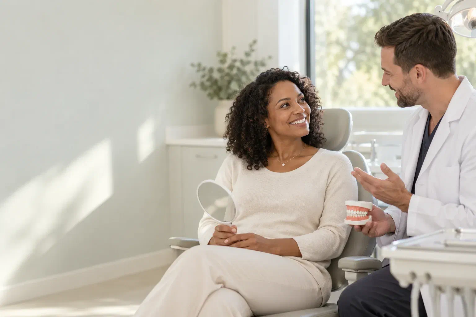 Illustrative patient consultation about damage to a dental crown