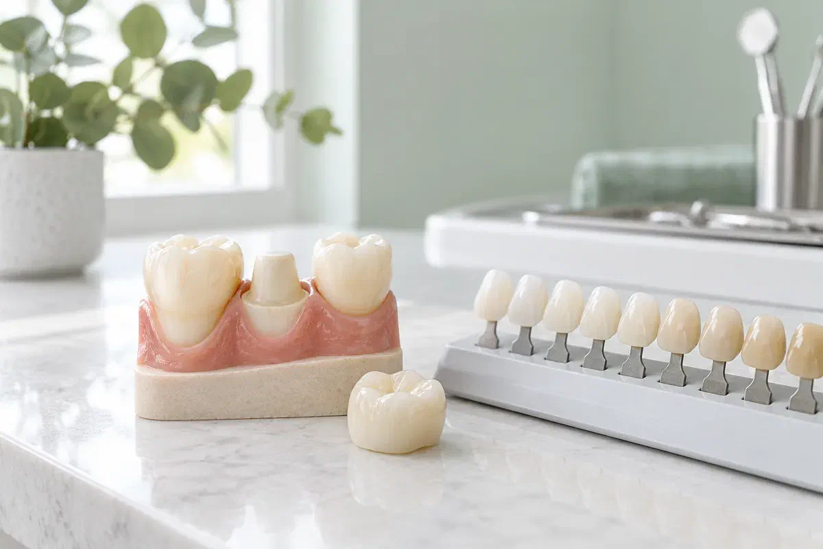 Prepared-tooth teaching model with a ceramic crown and shade guide