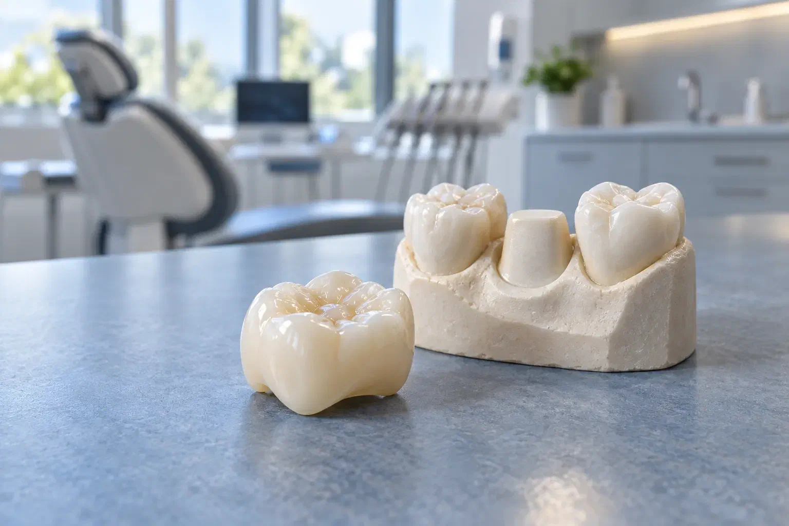 An ivory ceramic crown beside a dental demonstration model