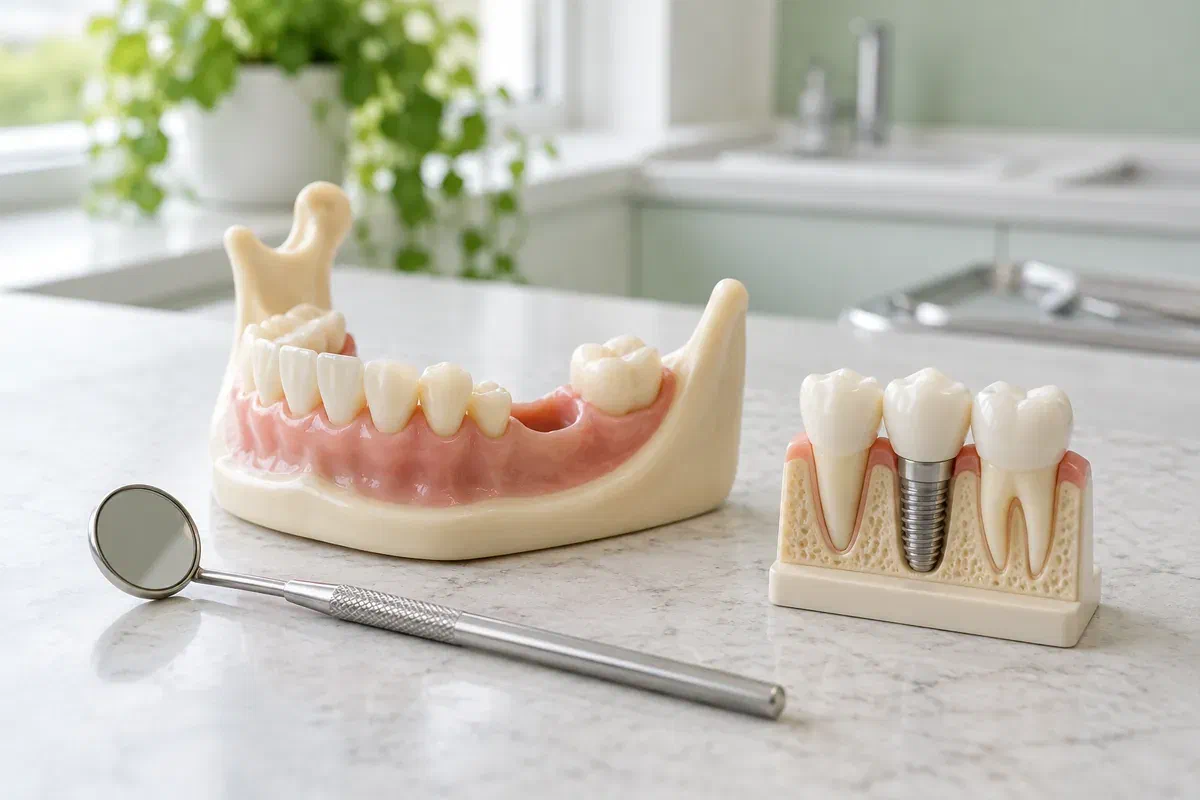 Dental teaching models showing a missing tooth and an implant-supported crown