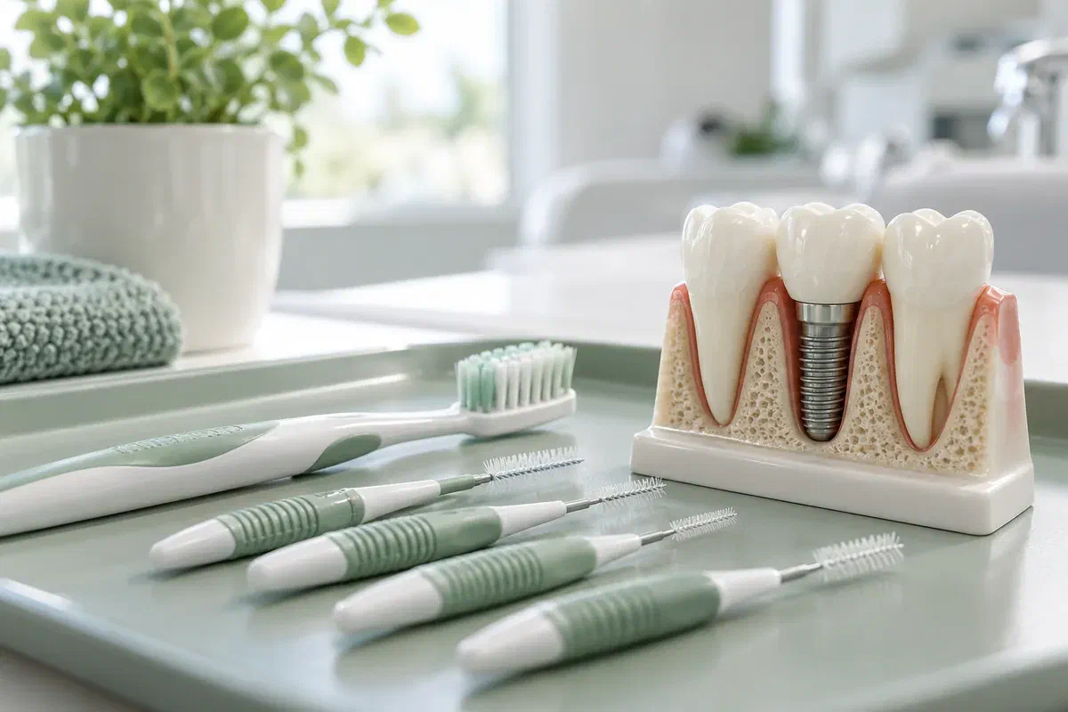 Soft toothbrush and interdental brushes beside an implant teaching model