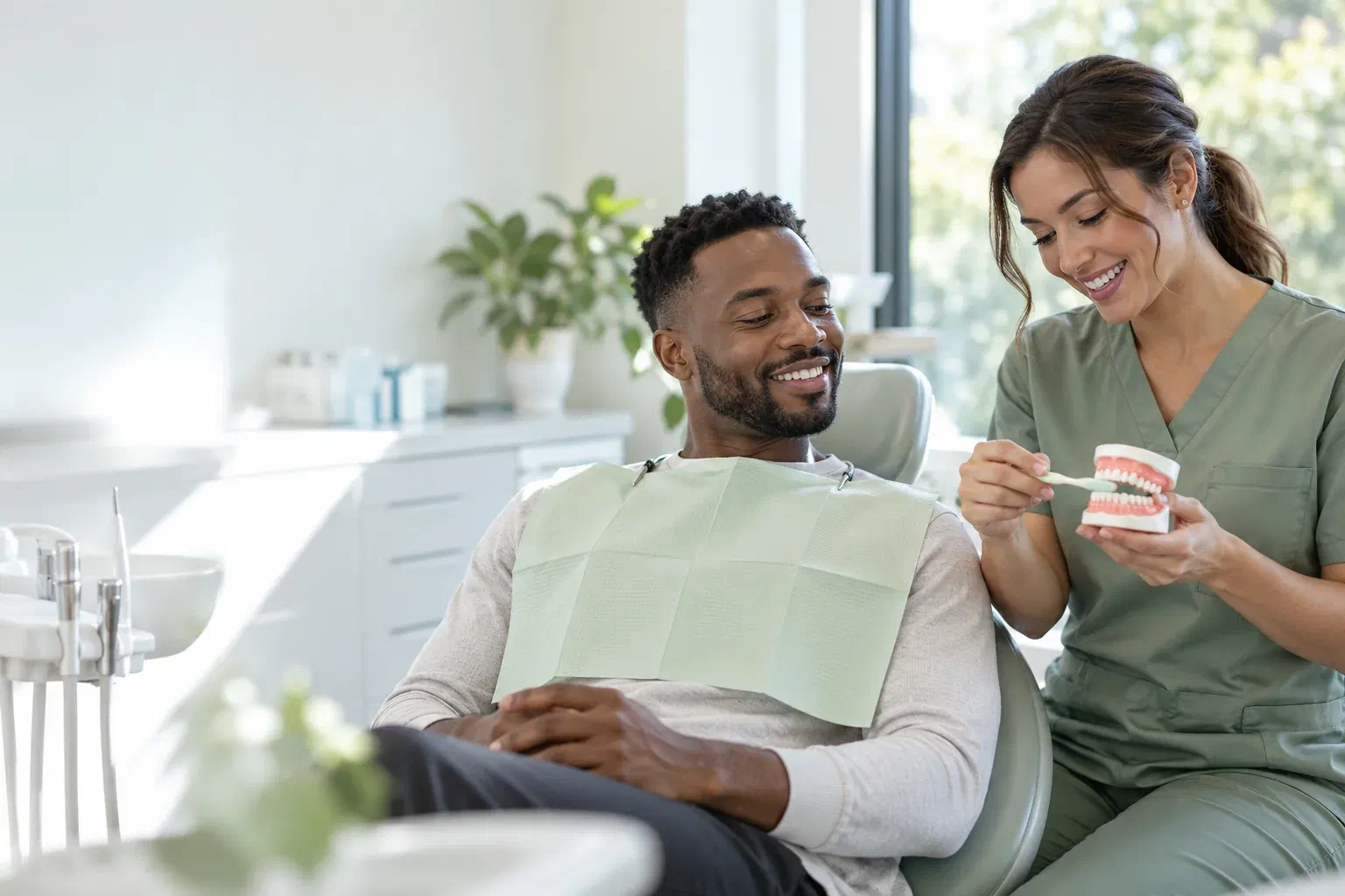 Illustrative dental hygienist demonstrating home care to an implant patient
