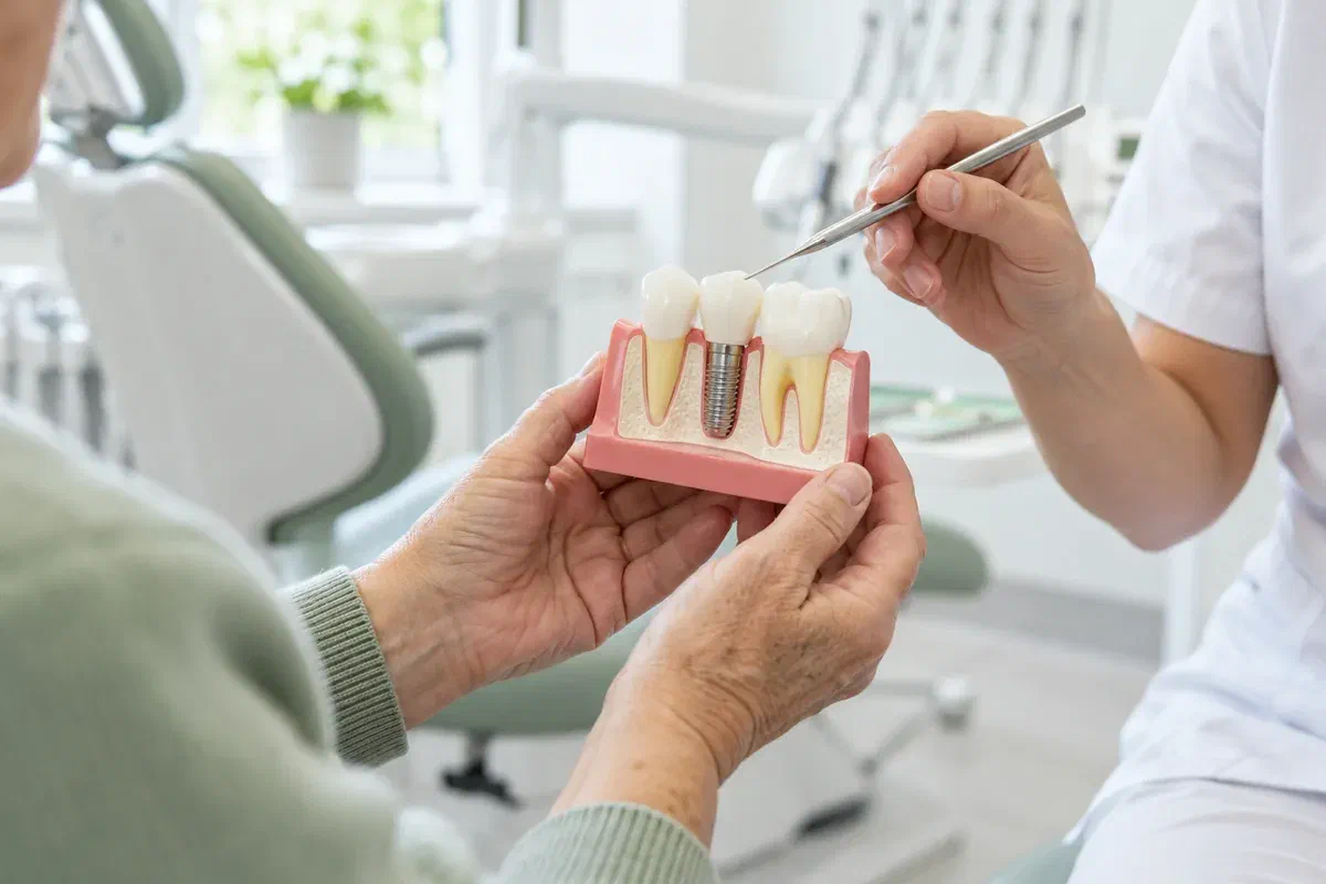 Older patient's hands holding an implant teaching model during a consultation