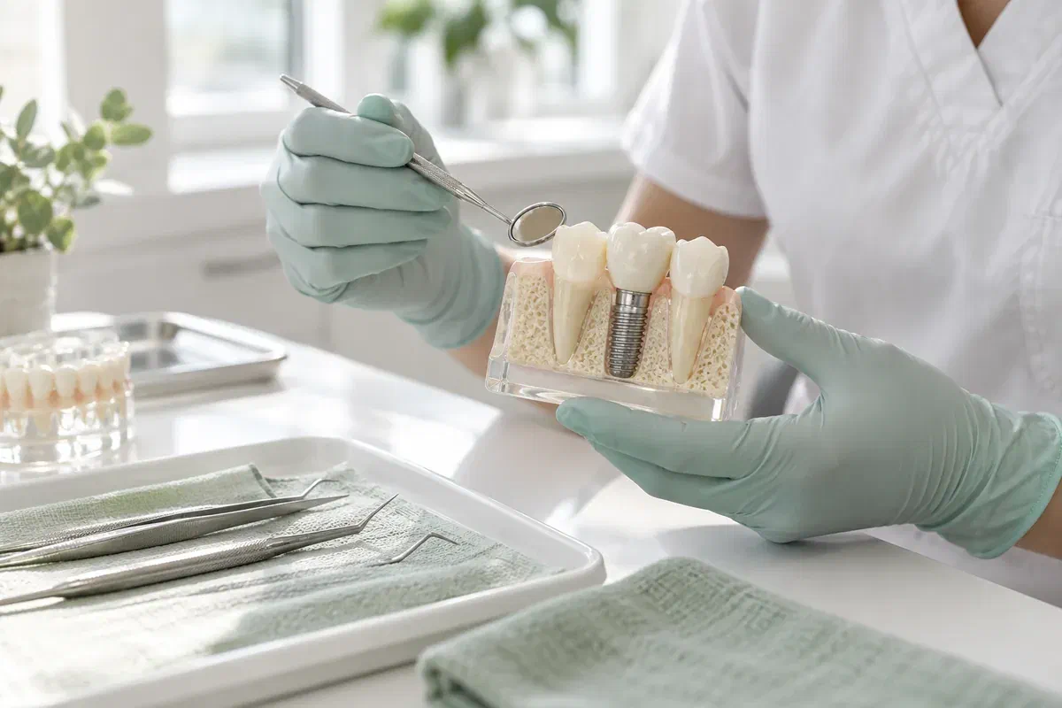 Gloved clinician inspecting an implant teaching model with a dental mirror