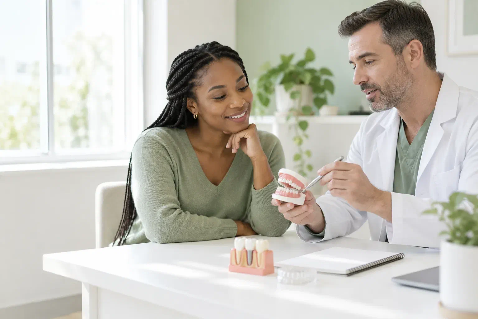 Illustrative dentist and patient discussion of an implant treatment sequence
