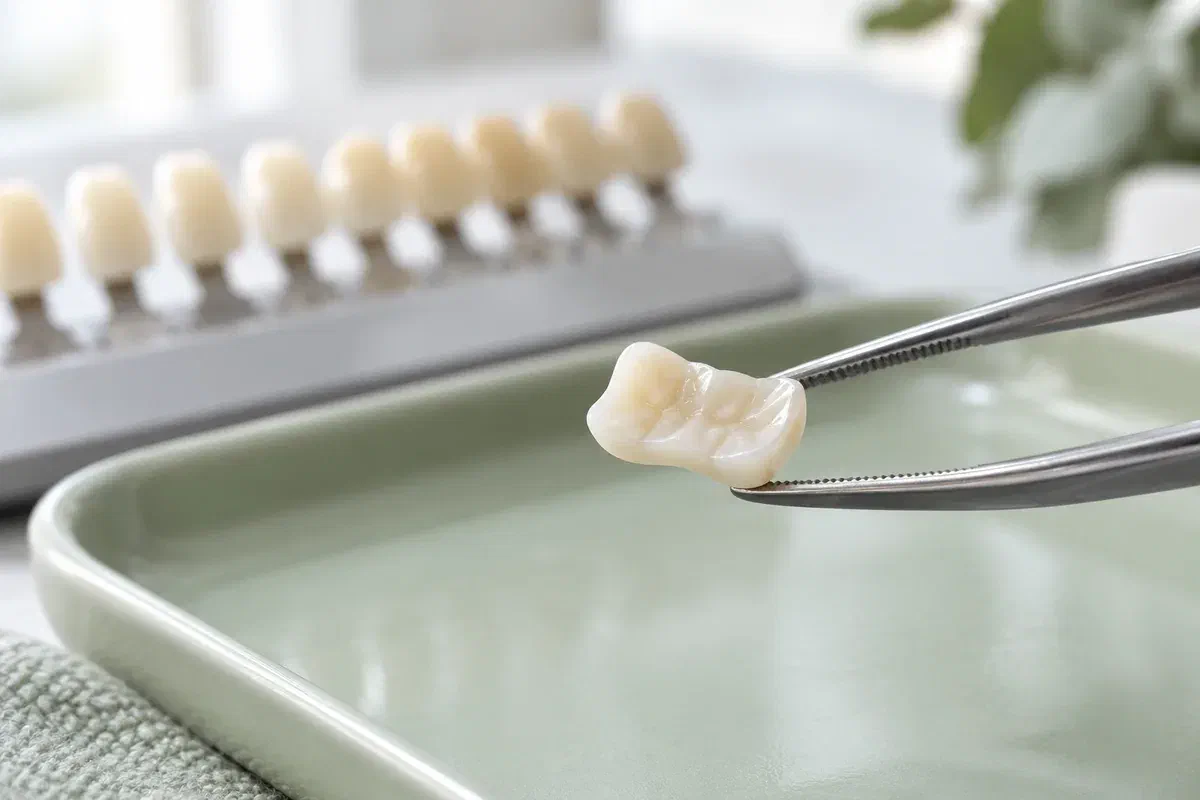 Illustrative ceramic inlay held in dental tweezers beside a shade guide