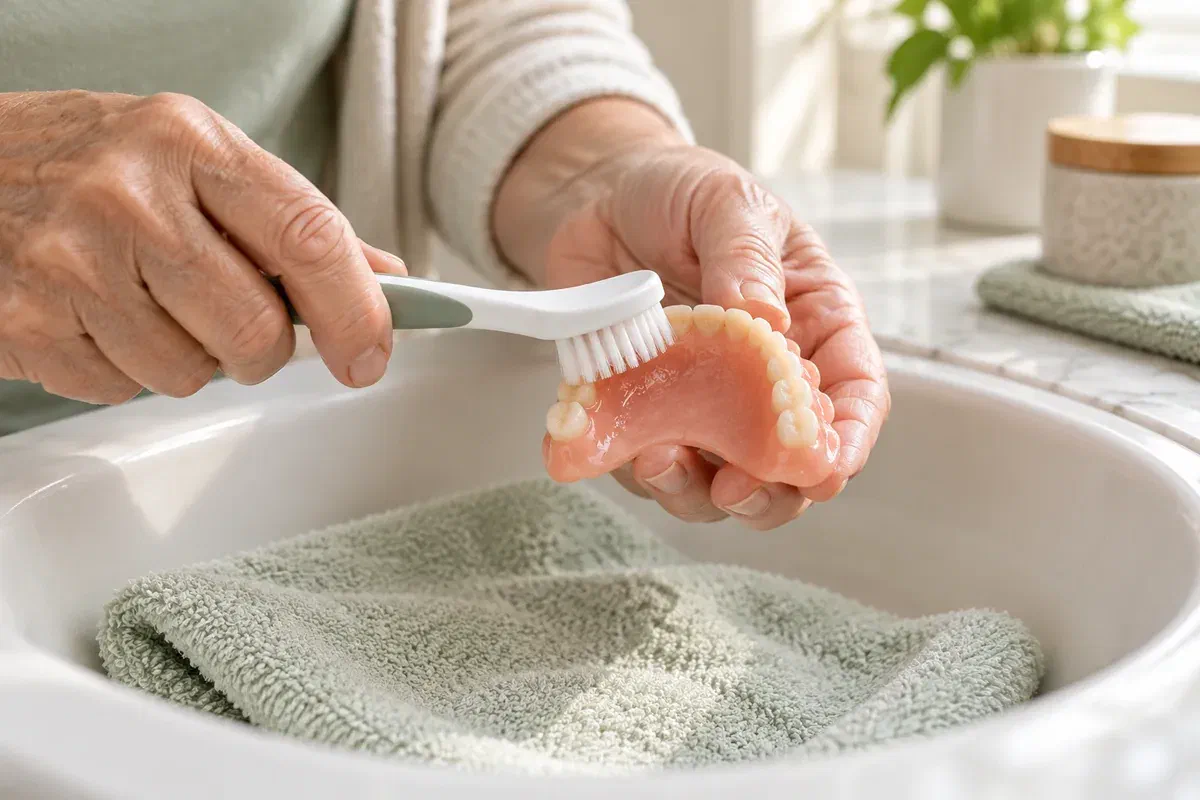 Hands gently brushing a removable denture over a towel-lined basin