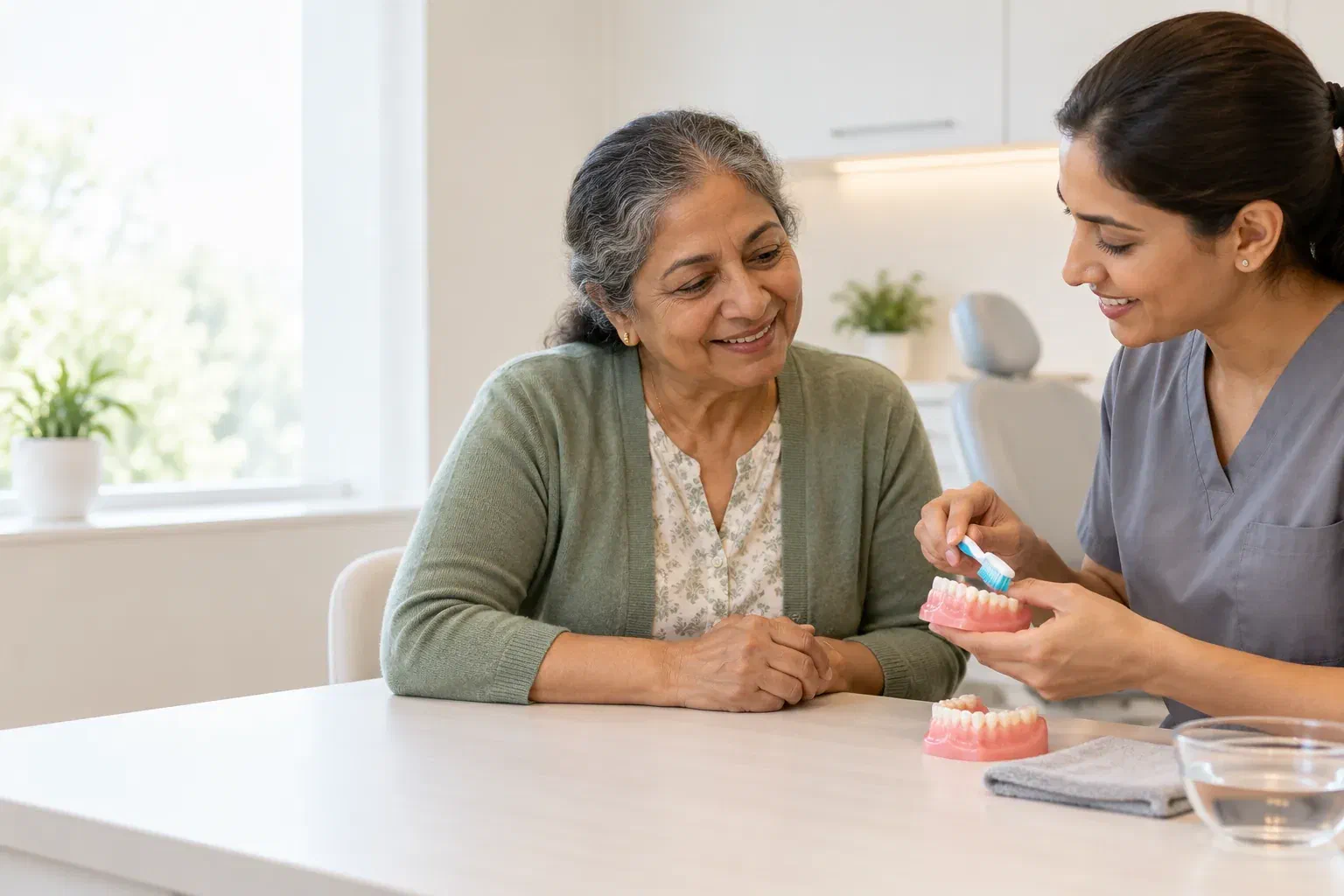 Illustrative hygienist demonstrating denture cleaning to a patient