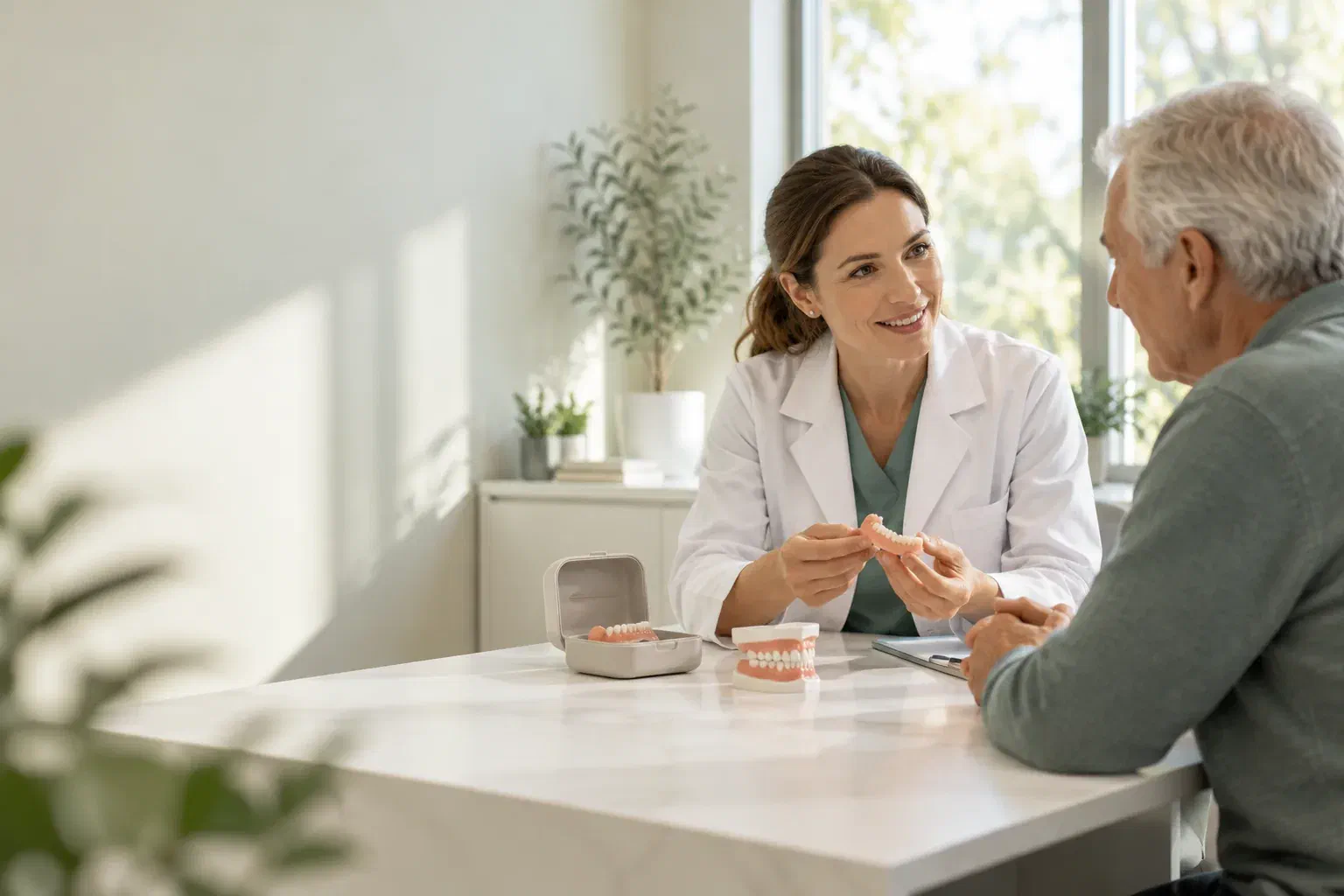 Illustrative dentist and patient discussing denture options at a consultation