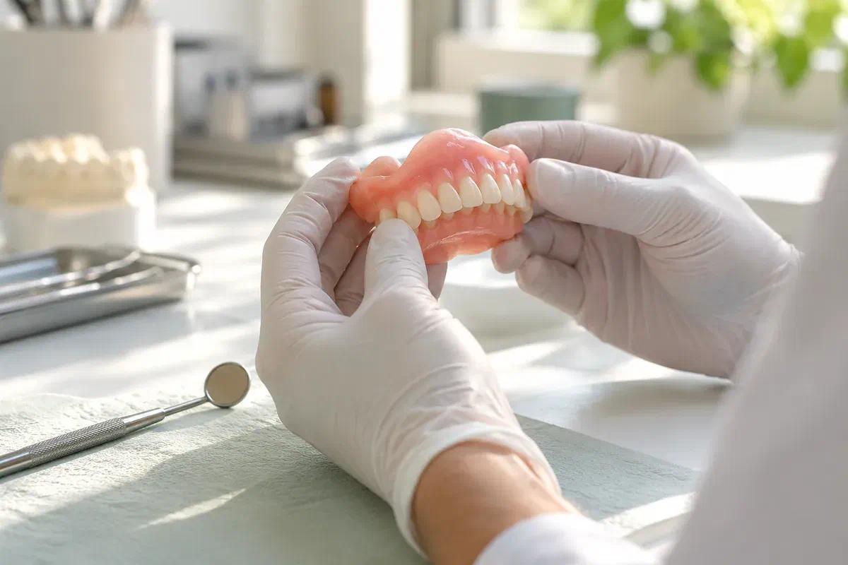 Gloved hands inspecting the acrylic base of a removable denture