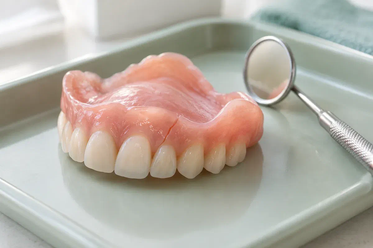 Upper acrylic denture resting on a clean tray for inspection