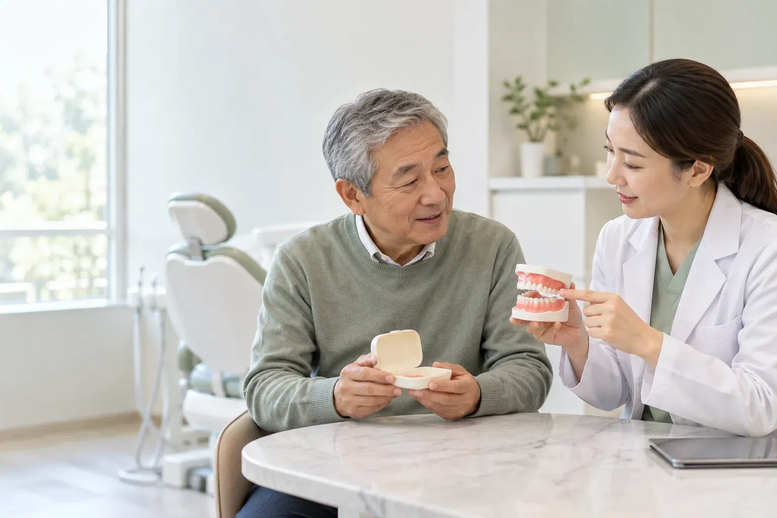 Illustrative consultation about replacing an older denture