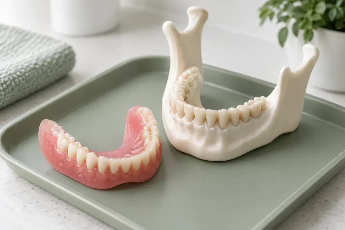 Lower removable denture beside a lower-jaw teaching model
