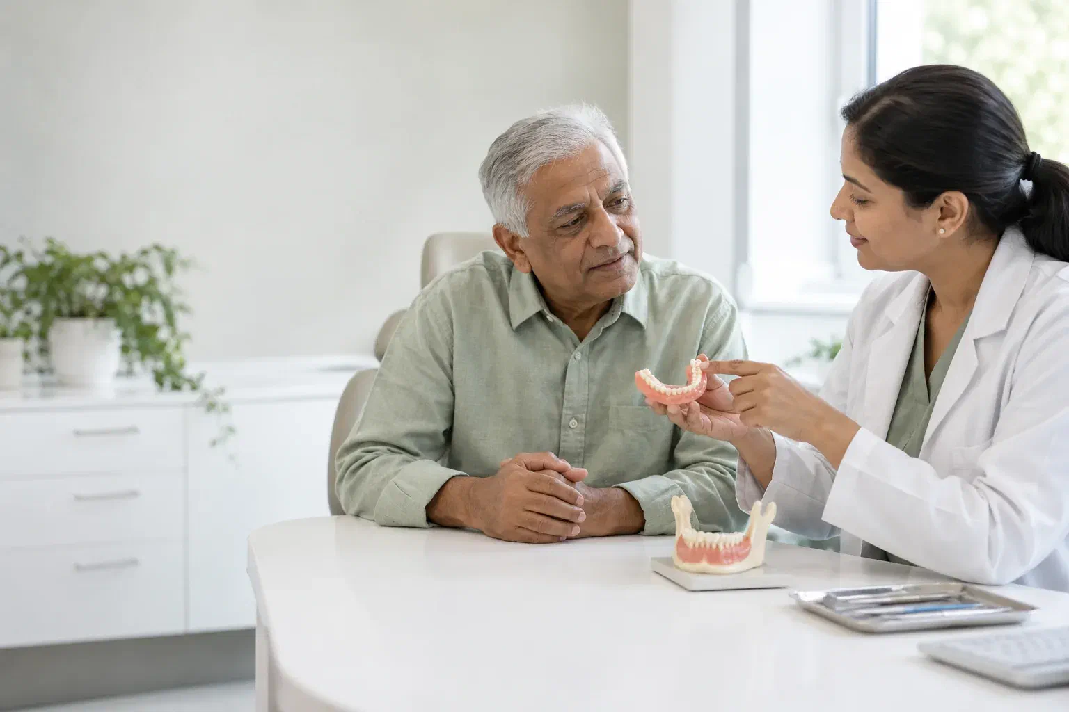 Illustrative consultation about movement of a lower denture