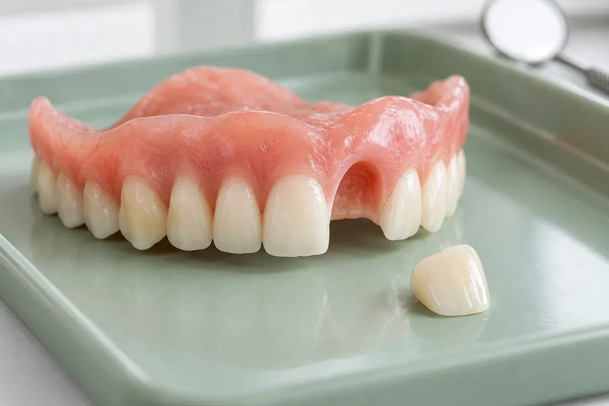 Removable denture and a detached artificial tooth prepared for assessment