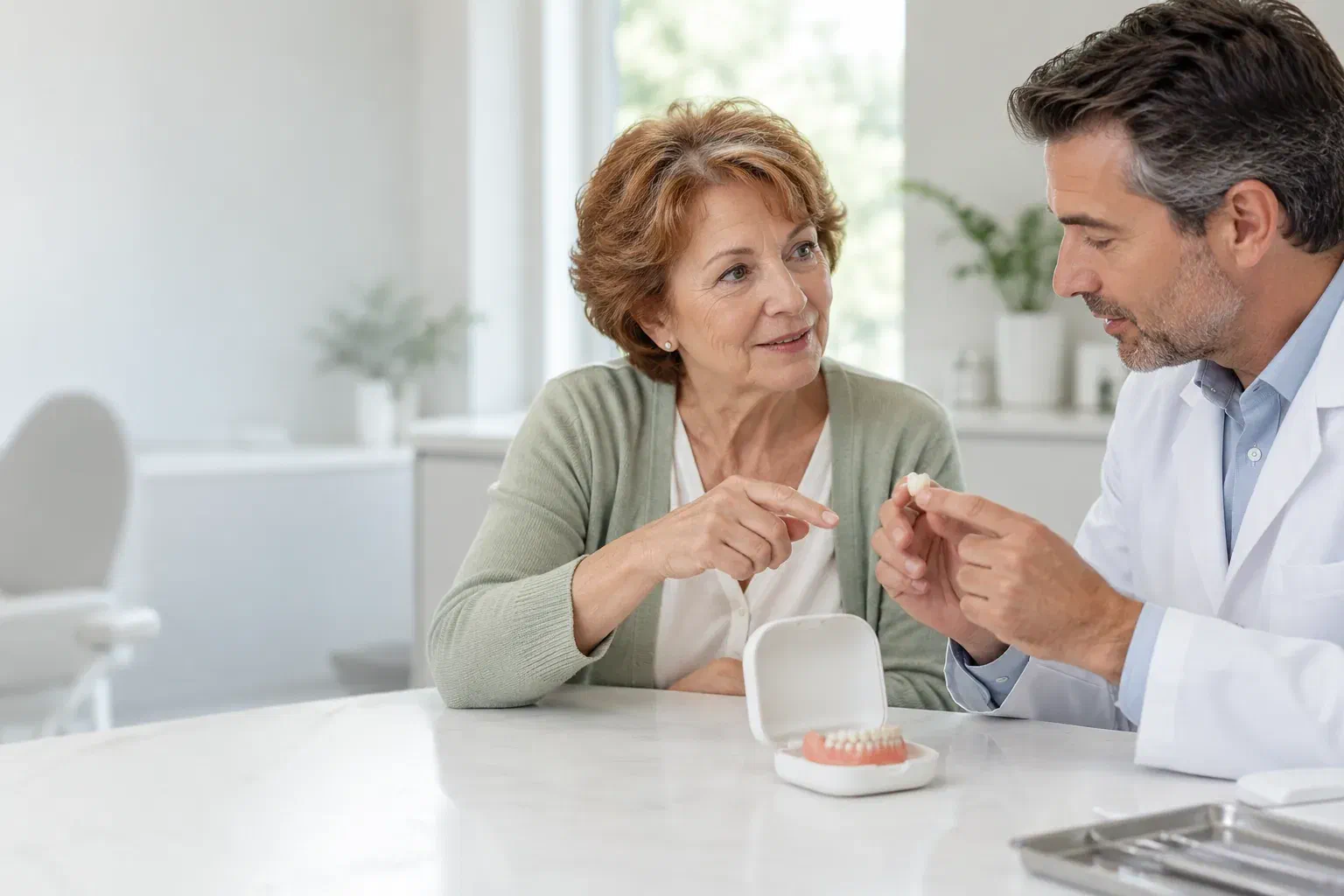 Illustrative consultation about a detached tooth from a removable denture