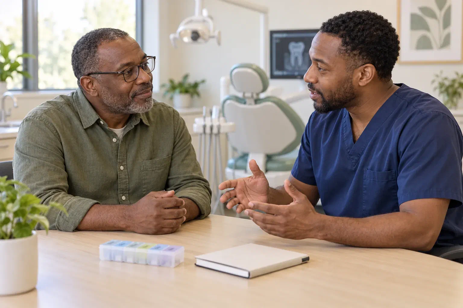 A patient discussing his health history with a dental professional