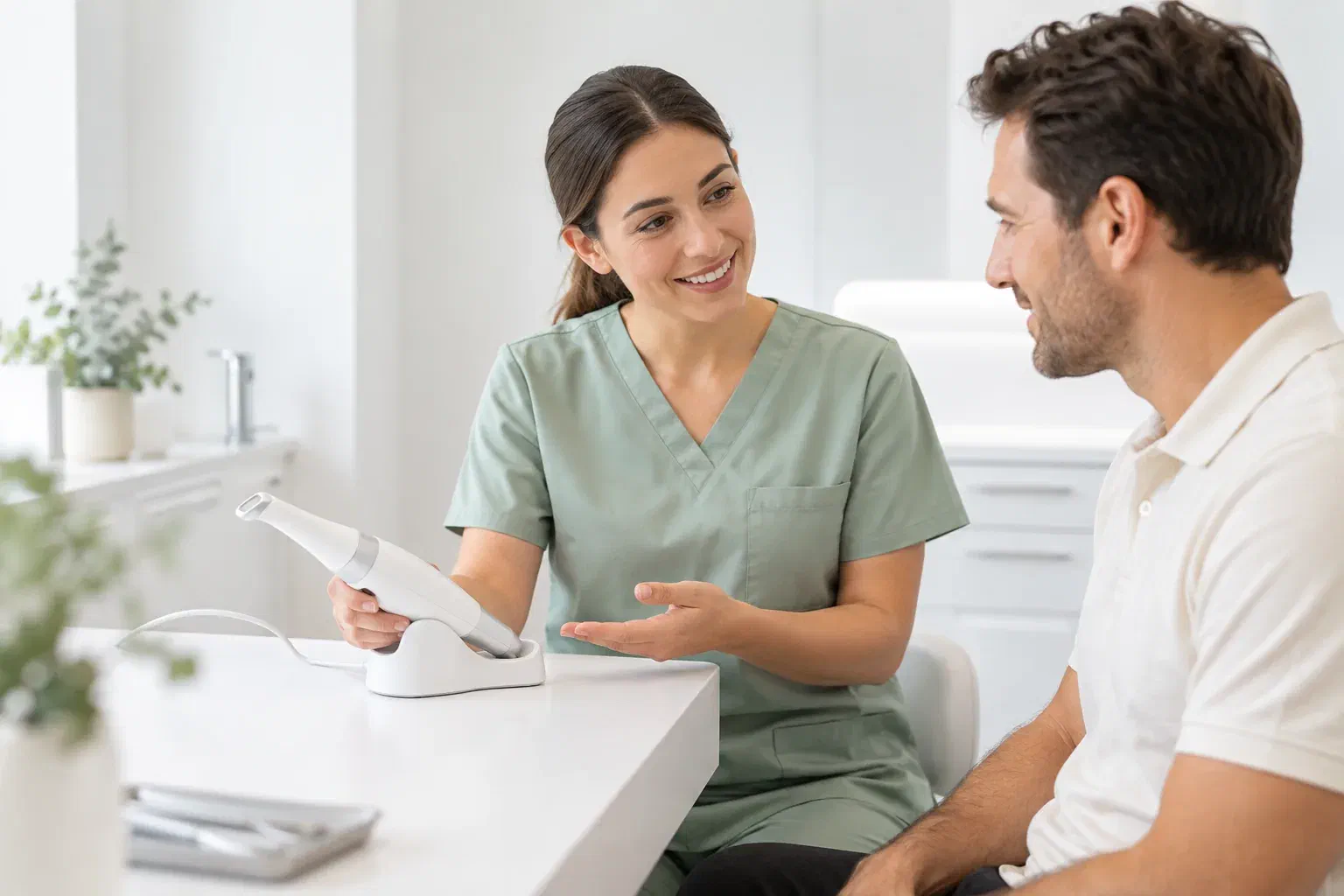 Illustrative discussion of an optical dental scanner, not a photograph of clinic equipment