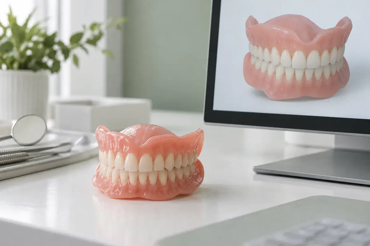 Removable denture beside an illustrative computer-based denture model