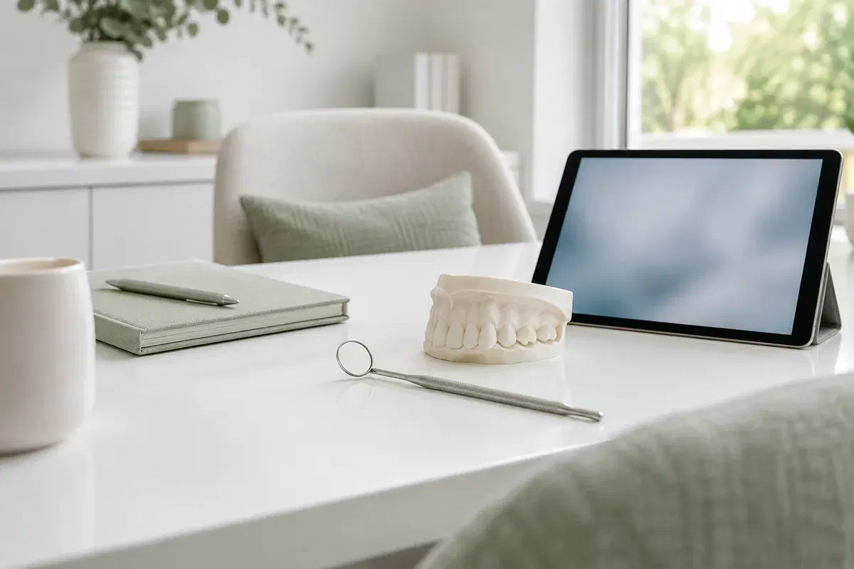 Illustrative dental planning desk with a teaching model, mirror, and tablet