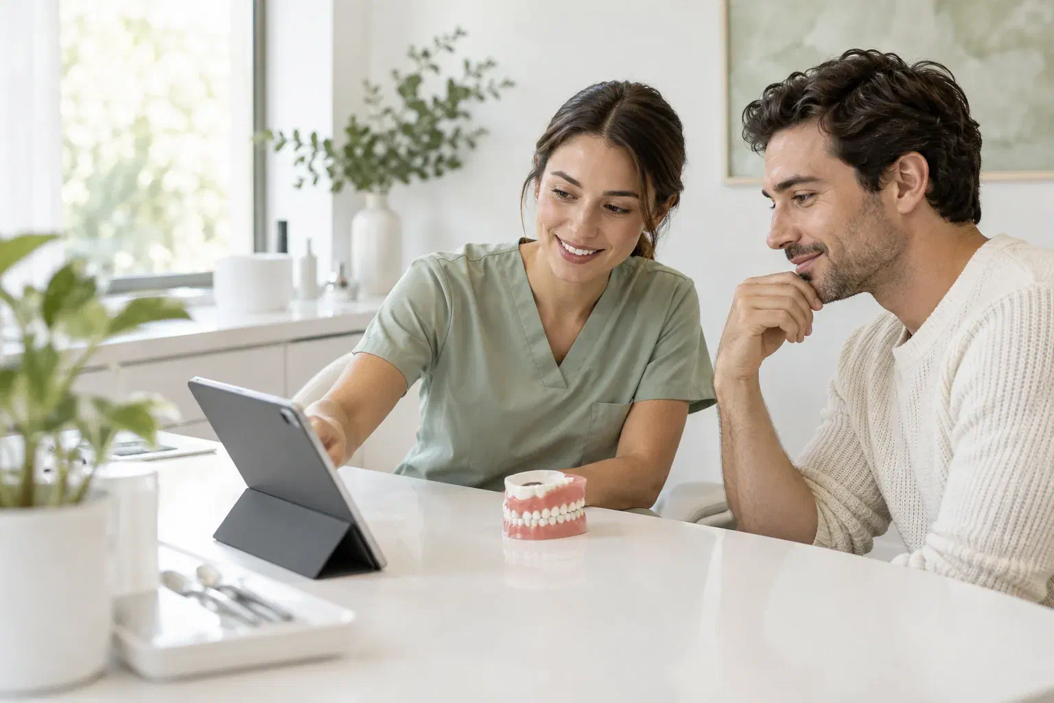 Illustrative patient discussing smile planning with a dental clinician at a consultation desk