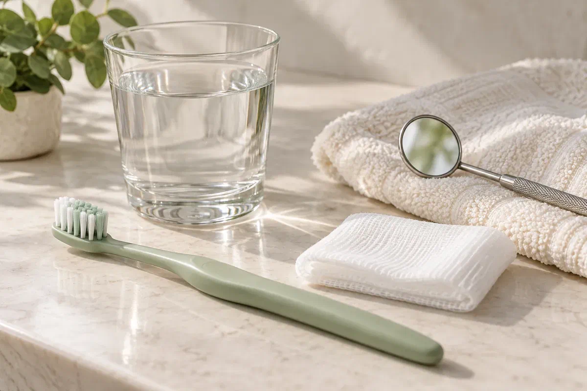 Illustrative gentle oral-care supplies with a toothbrush, water glass, gauze, and dental mirror