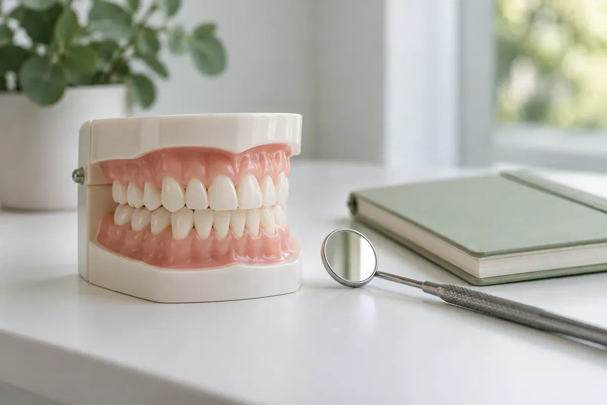 Illustrative upper and lower dental teaching model beside a mirror and notebook