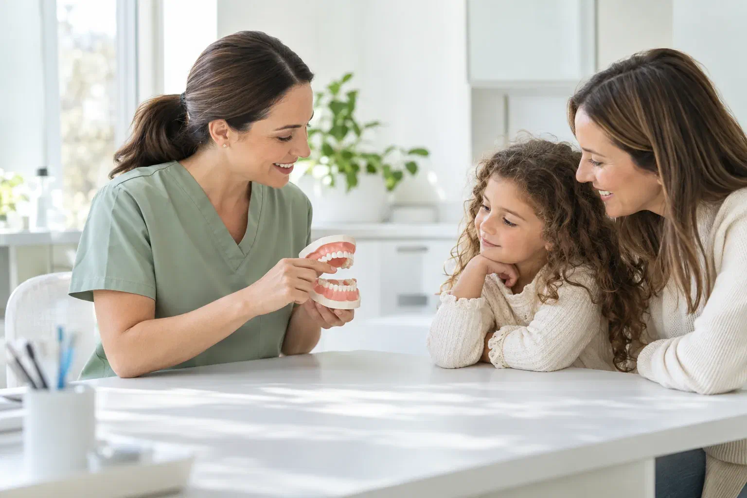 Illustrative child and parent learning about tooth alignment with a dental model