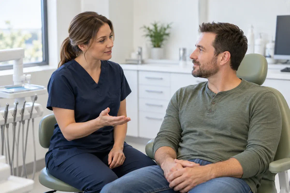 A dentist listening to a patient before a dental examination