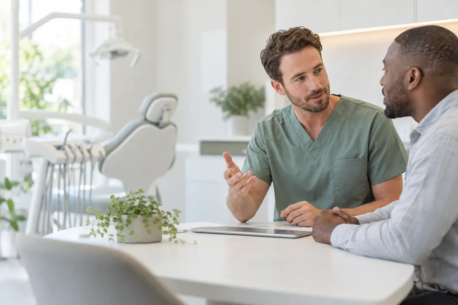 Illustrative patient listening as a clinician explains a dental treatment plan