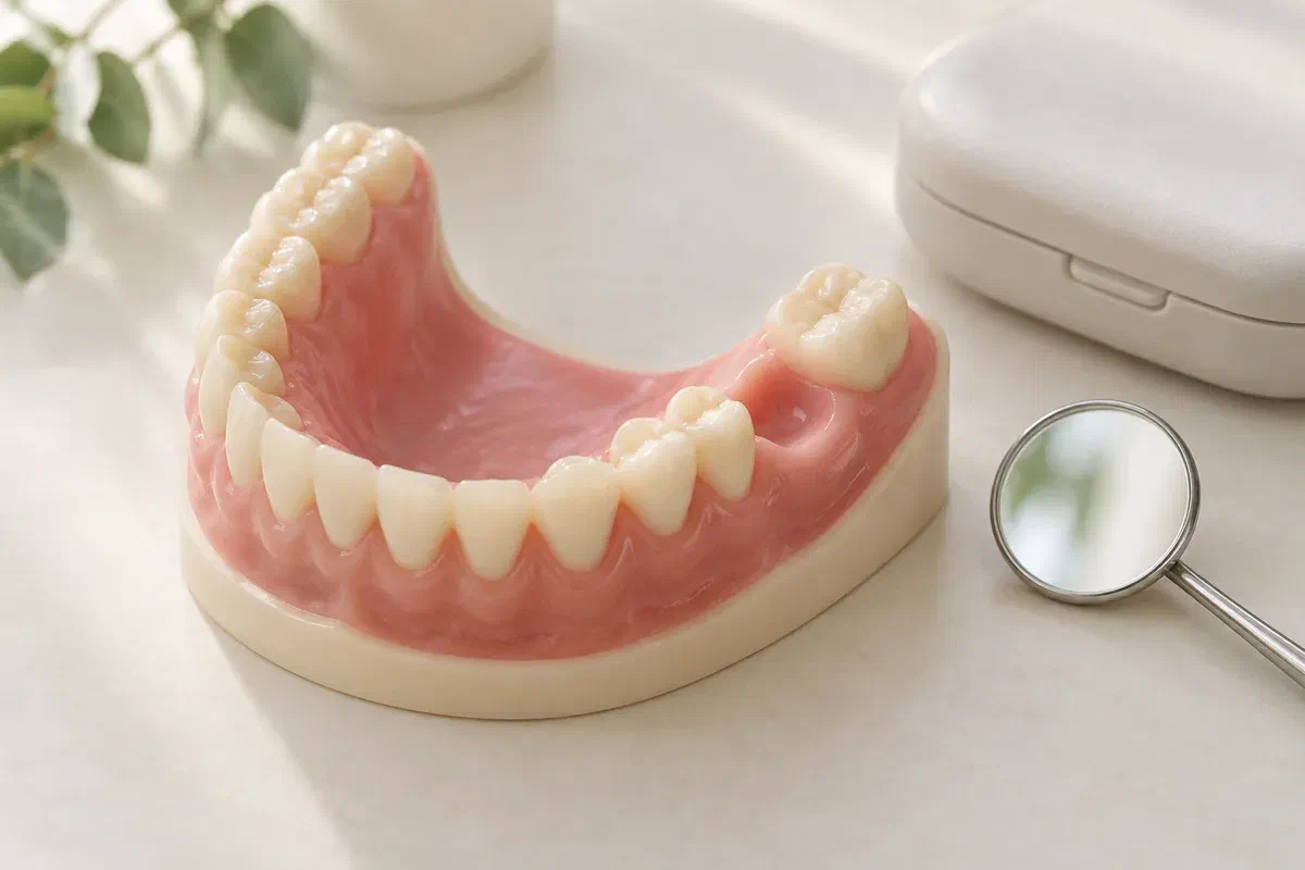Illustrative dental arch model with a missing back tooth beside a dental mirror