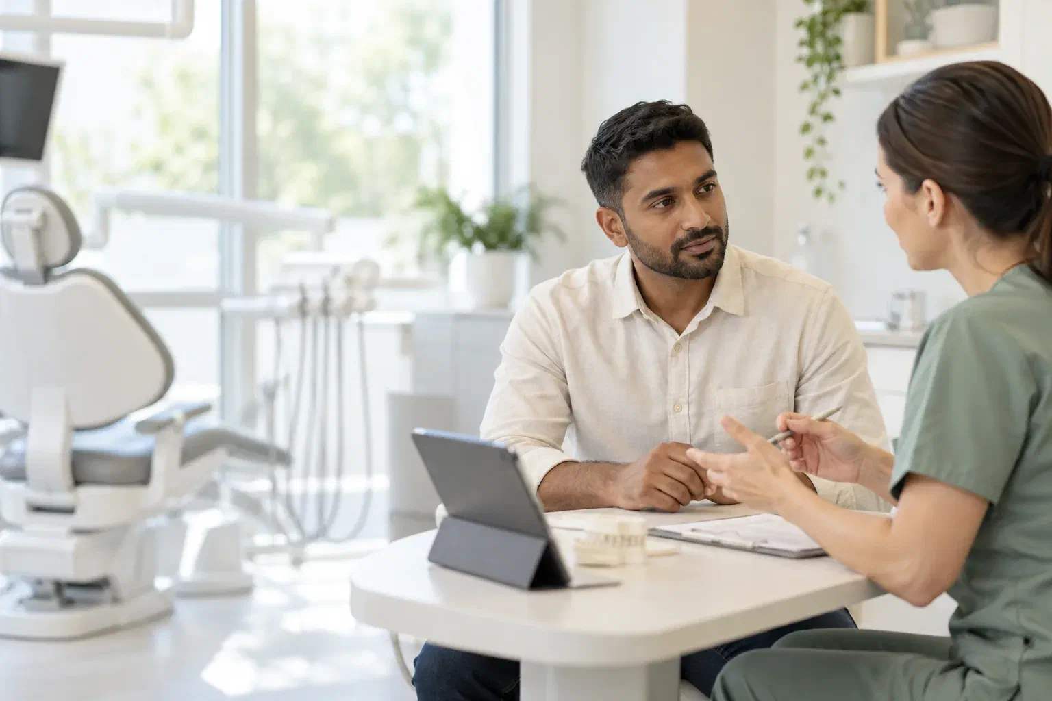 Illustrative patient discussing urgent treatment choices with a dental clinician