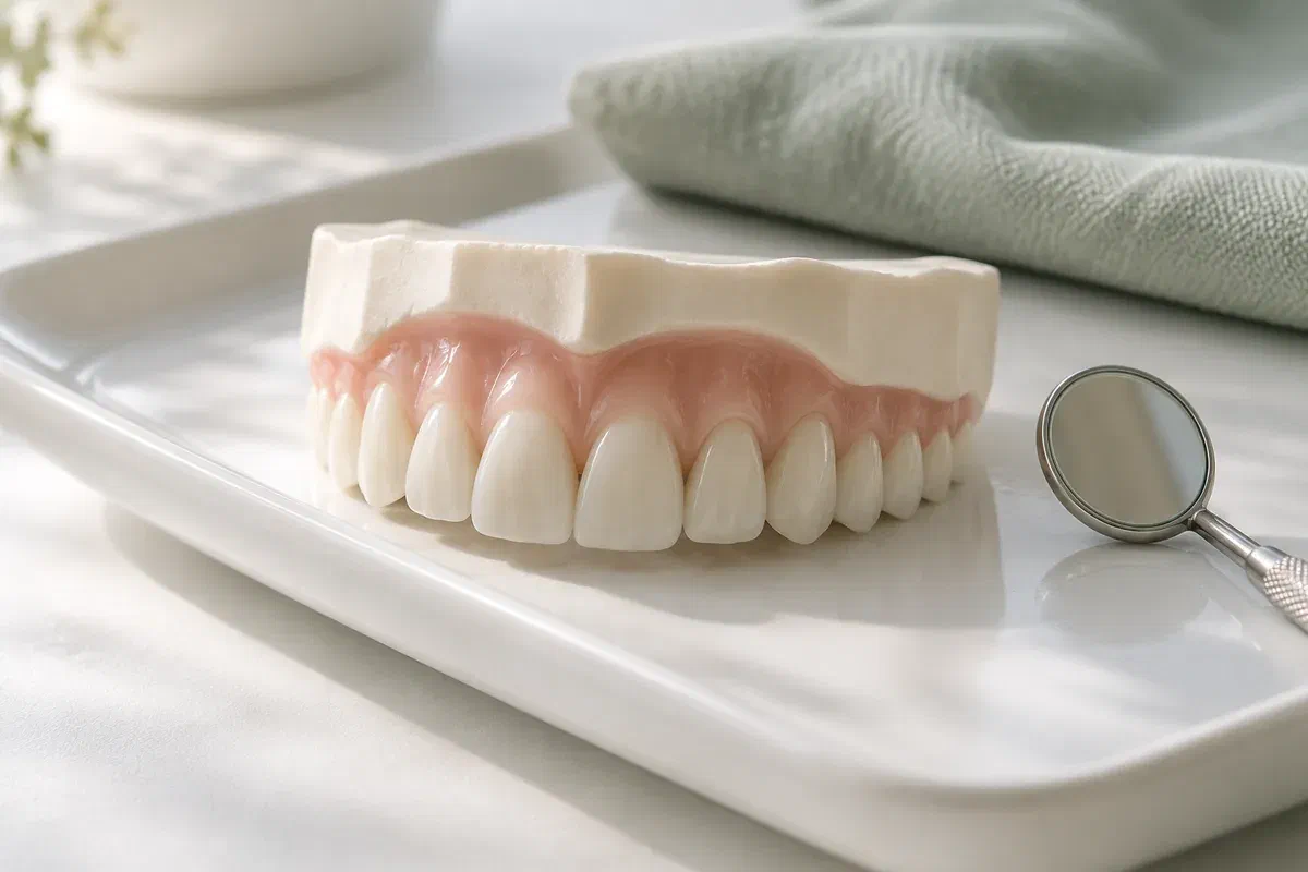 Illustrative upper front-teeth model showing natural edge shapes beside a dental mirror