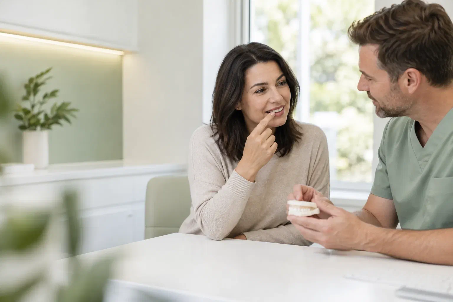 Illustrative patient discussing a tooth-edge concern with a dental clinician