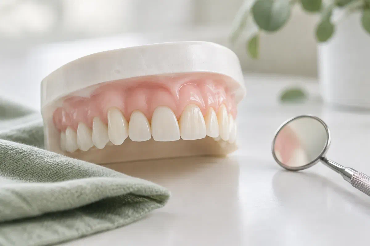 Illustrative upper-teeth teaching model showing modest natural variation in tooth corners