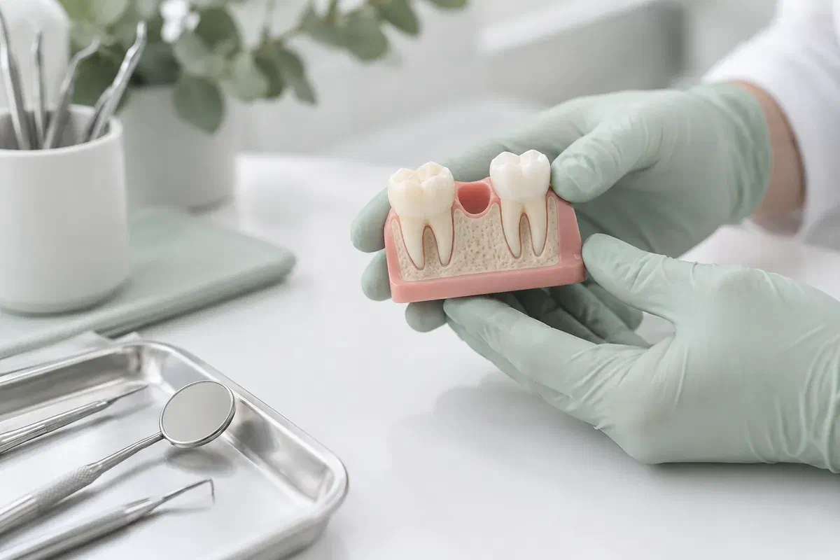 Dental teaching model showing a single tooth space and surrounding structures