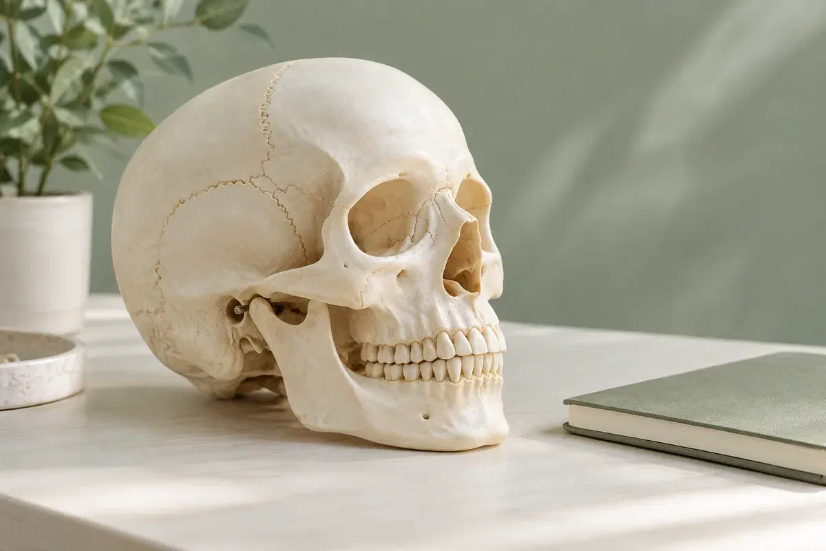 Illustrative anatomical skull teaching model with its jaw attached beside a notebook