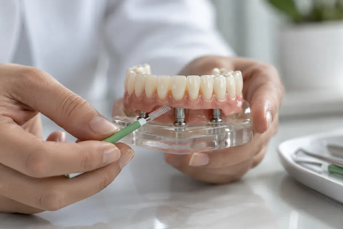 Cleaning brush demonstrated beneath a fixed implant teaching model
