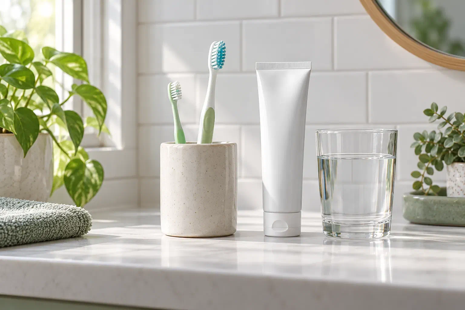 Family toothbrushes, a plain toothpaste tube, and a glass of water on a shelf