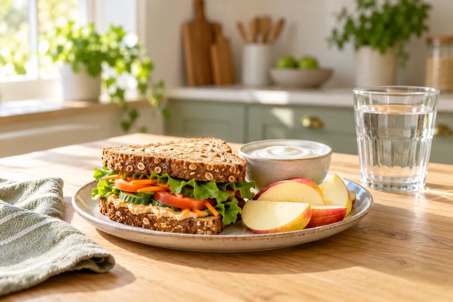 A simple lunch with a vegetable sandwich, plain yogurt, apple slices, and water