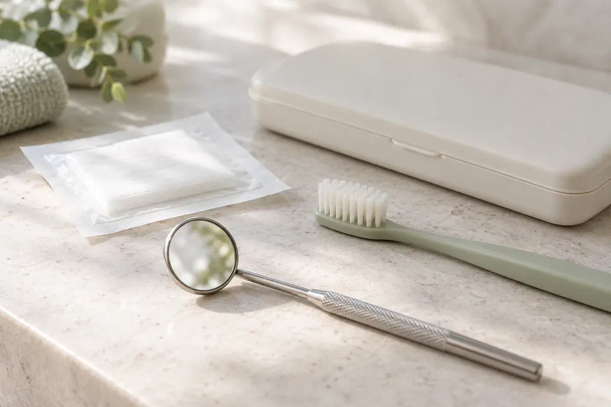 Illustrative dental mirror and gentle oral-care supplies beside a closed instrument case