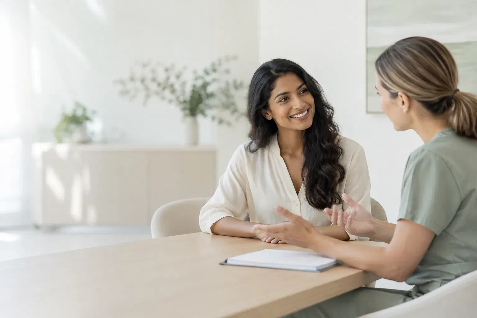 Illustrative adult patient discussing an oral tissue assessment with a clinician