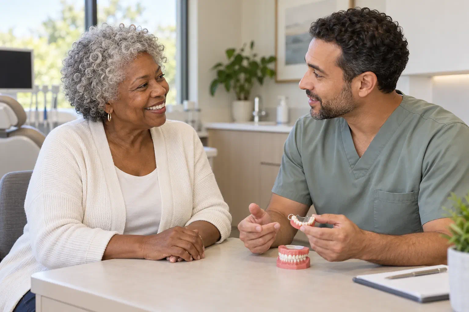 An older patient discussing denture options with a dental professional