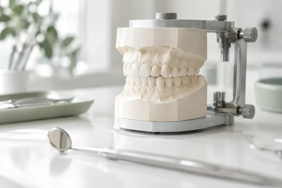 Upper and lower dental study models mounted in an articulator