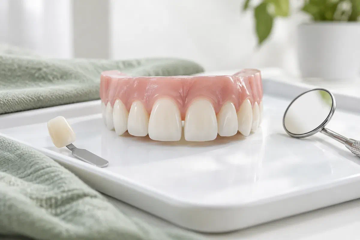 Illustrative front-teeth teaching model with a narrow central gap beside a shade sample